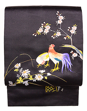 桜菊に尾長鳥の名古屋帯