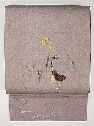 雛鳥につくしとわらび刺繍名古屋帯