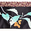 木の実にスズメ刺繍名古屋帯　前柄
