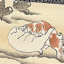 雪中仔犬松梅文様寄せ裂の名古屋帯　質感・風合