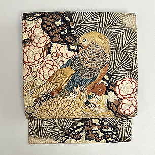 松と梅、雉の風景織り名古屋帯