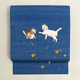 ブルー地子猫の刺繍名古屋帯