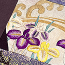 菖蒲の刺繍と織りの継ぎ名古屋帯　質感・風合