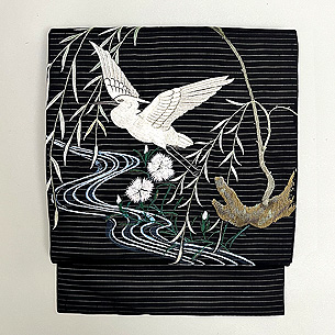 白鷺に流水図刺繍名古屋帯 132,000円(税込)帯23-05-45 | アンティーク 