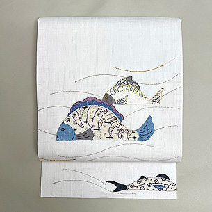 夏の魚刺繍麻名古屋帯