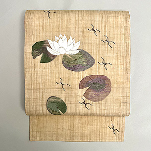 睡蓮とアメンボの刺繍麻名古屋帯
