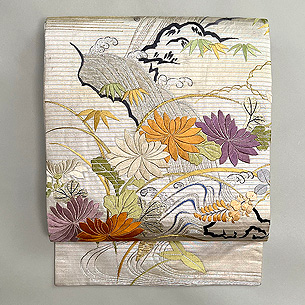 菊と滝の刺繍単衣名古屋帯
