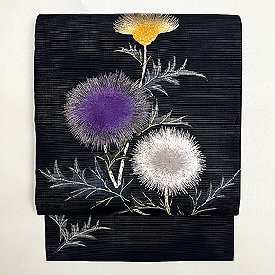 黒地あざみの絽名古屋帯