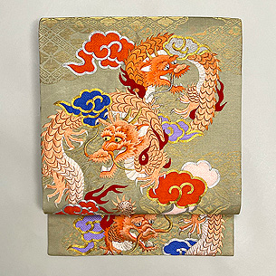 珊瑚色龍の図刺繍名古屋帯