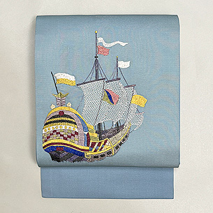 帆船の刺繍名古屋帯