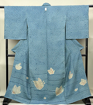 時代物アンティーク　絣夜着（ショート） long＊単衣＊classic pattern＊扇 籠目 流水 菊 紅葉 小紋着物