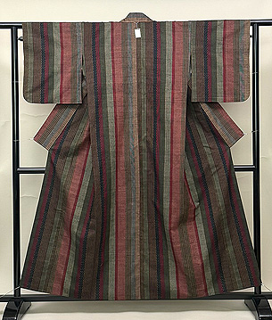 縞文様織り出し単衣信州紬