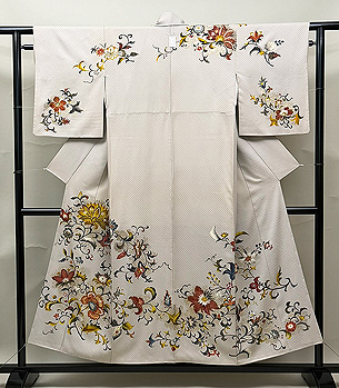 灰白色地唐花文様訪問着