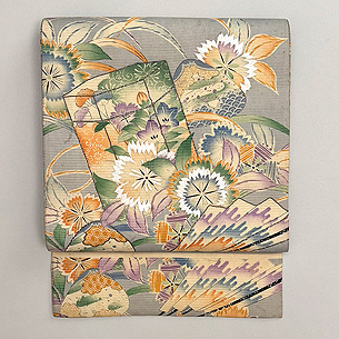 貝桶に扇、秋の花文様絽名古屋帯