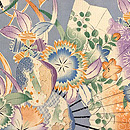 貝桶に扇、秋の花文様絽名古屋帯　前柄