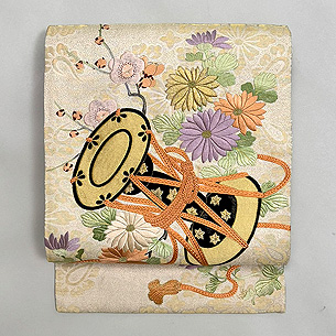 花菱に鼓、菊・梅刺繍名古屋帯