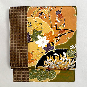 雪輪に菊・紅葉・梅・桐、染めに刺繍の継ぎ名古屋帯