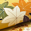 雪輪に菊・紅葉・梅・桐、染めに刺繍の継ぎ名古屋帯　質感・風合