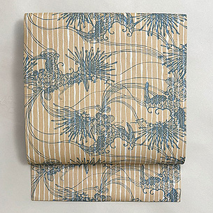 松原工房 松原与七作 タンガラ染め縞に迦陵頻伽・花熨斗の名古屋帯