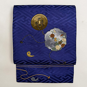 青地古鏡文様刺繍名古屋帯