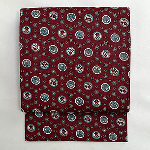 蘇芳色花丸文様和更紗写し名古屋帯