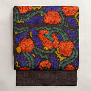 ケシの花文様型染め麻名古屋帯