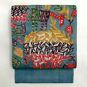 動物文様型染め麻名古屋帯