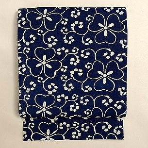 松原良夫作 かたばみ文様中形長板本藍染め名古屋帯