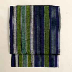 藍緑白 太さ様々な縞の紬名古屋帯