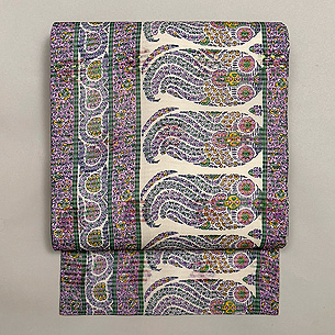 インド更紗ピンク・グリーン勾玉文様名古屋帯