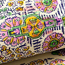 インド更紗ピンク・グリーン勾玉文様名古屋帯　質感・風合