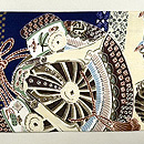 軍配に兜、宝船の染め帯　前柄