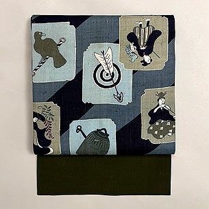 大津絵文様の染め名古屋帯