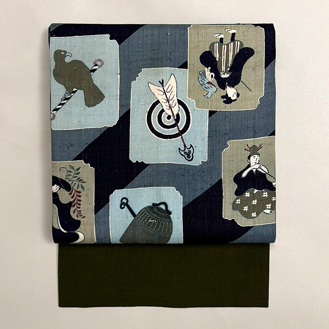 名古屋帯　トランプ　桜　松葉　菊　斜め縞　着物　帯　014a d 名古屋帯 トランプ 桜 松葉 菊 斜め縞 着物 帯 014a d