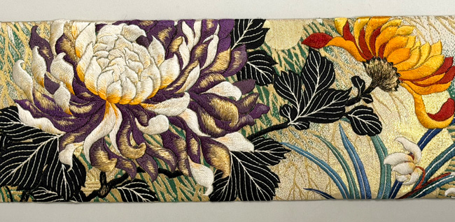 名古屋帯　総刺繍　菊柄　009 アンティーク井和井】名古屋帯 黒地 菊 刺繍[アンティーク］