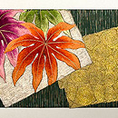 柘榴と八つ手刺繍色紙文様帯　前柄