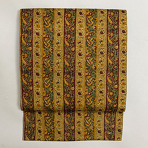 縞に草花文 インドネシア バティック名古屋帯(木綿)