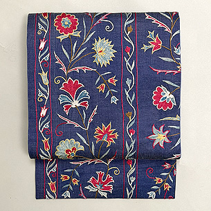 花唐草にボーダー柄のスザニ名古屋帯