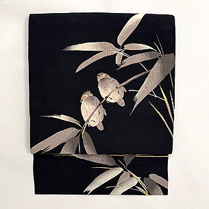 竹に雀綴れの単衣名古屋帯