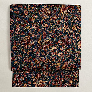 濃い藍地に花や鳥 インドネシア オールドバティック名古屋帯(木綿)