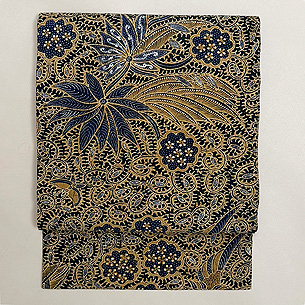 藍と茶の花や葉 インドネシア バティックの名古屋帯(木綿)