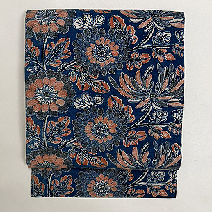 朱入り藍型染めの名古屋帯(木綿)