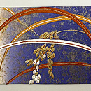 藍・生成りぼかし地に稲穂とスズメの刺繍名古屋帯　前柄