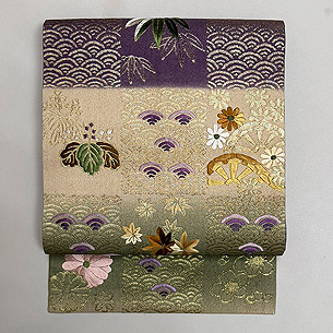 青海波に笹竹・桐・菊・紅葉刺繍名古屋帯