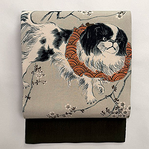 狆と桜の縮緬の帯