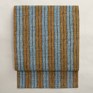 浅葱に金茶太縞の手紡ぎ木綿名古屋帯