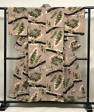 秋景色文様の小紋袷