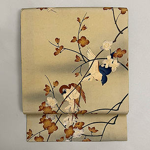 ウツギに小鳥の染め名古屋帯