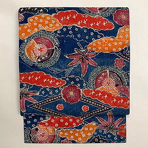 古紅型雲取り文様の名古屋帯