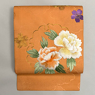 洗朱、雪輪に牡丹文の刺繍名古屋帯